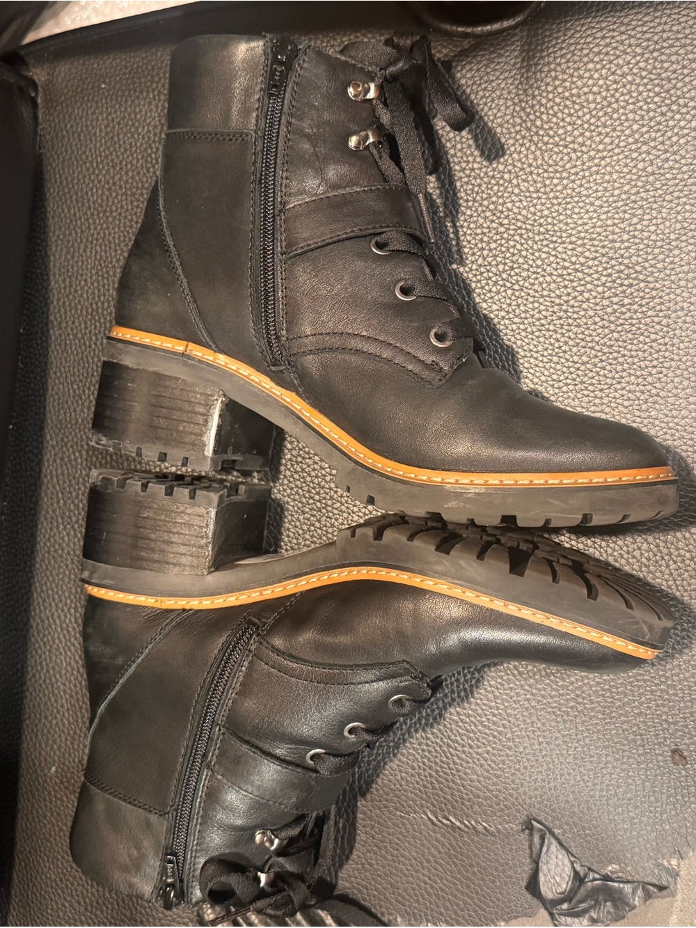 Naturalizer Black Lace-Up Lug Heel Ankle Boots with Tan Trim